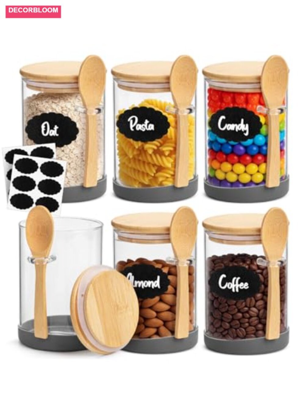 Glass Jars with Bamboo Lids and Spoons Set of 6, 19 Oz Airtight Storage for Tea